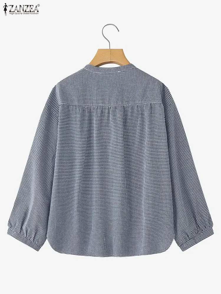 ZANZEA 가을 여성 체크 블라우스 긴 소매 체크무늬 셔츠 2025 패션 O넥 캐주얼 우아한 오피스 스트리트웨어 블루사 페미니나