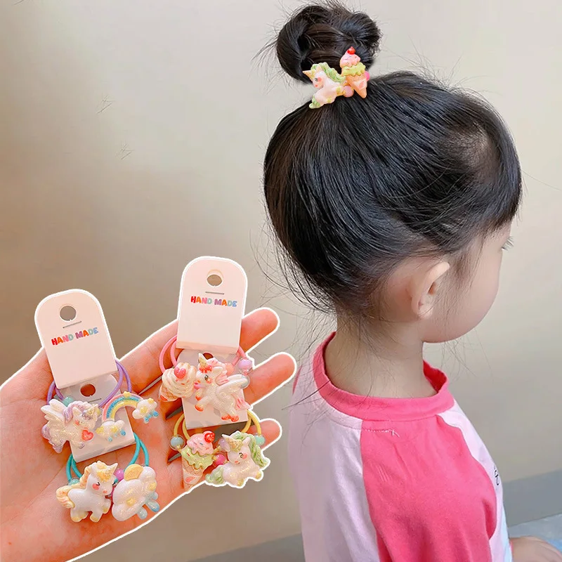 2PCS Cartoon Ice Cream Unicorn Girls Elastic Hair Bands Princess Lovely Hair Accessories Children Hair Ties Baby Headwear