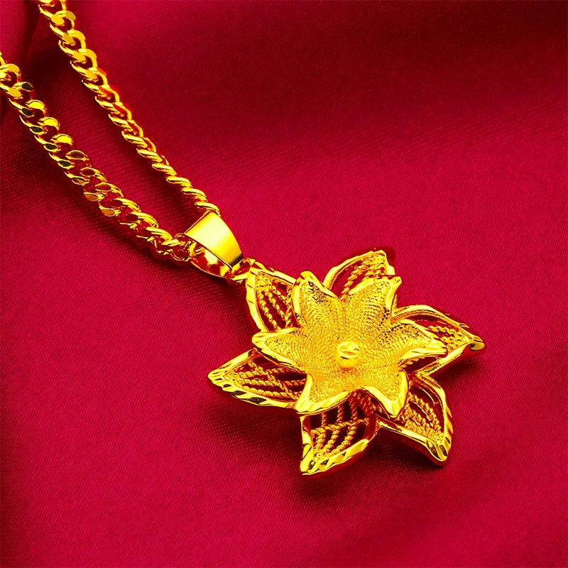 

Hexagonal Flower Flat Necklace 24K Gold AU999 Women's - Flat chain, high-purity gold, versatile, a taste accessory for ladies