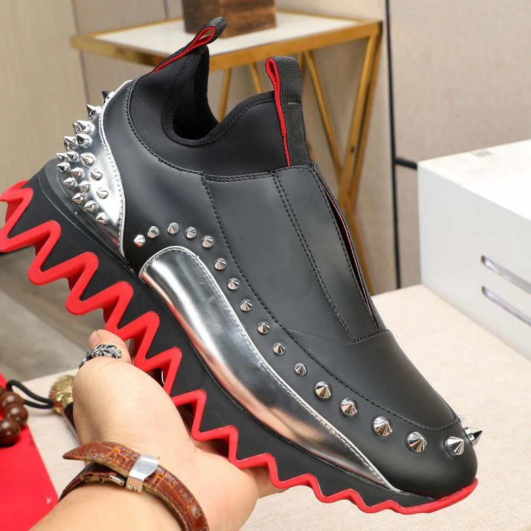 Luxury Red Bottom Cl Shoes Fashion Design Rivets Male Sneakers Red Black Mixed-color Serrated Shape Casual Sports Trainers