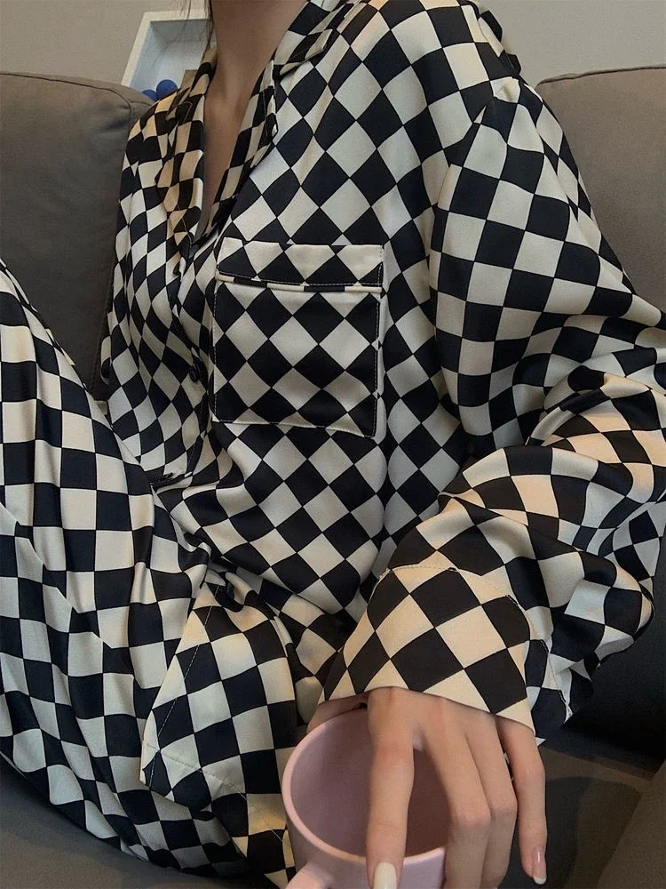 Women's Pajamas Korean Version of The Pajamas Checkerboard Design Spring and Fall New Large Size Homewear Two-piece Suit