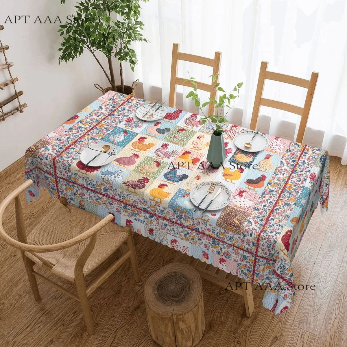 Rectangular Waterproof Oil-Proof Quilt With Patchwor Chickens Tablecloth Table Fit Bohemian Geometric Table Cloth