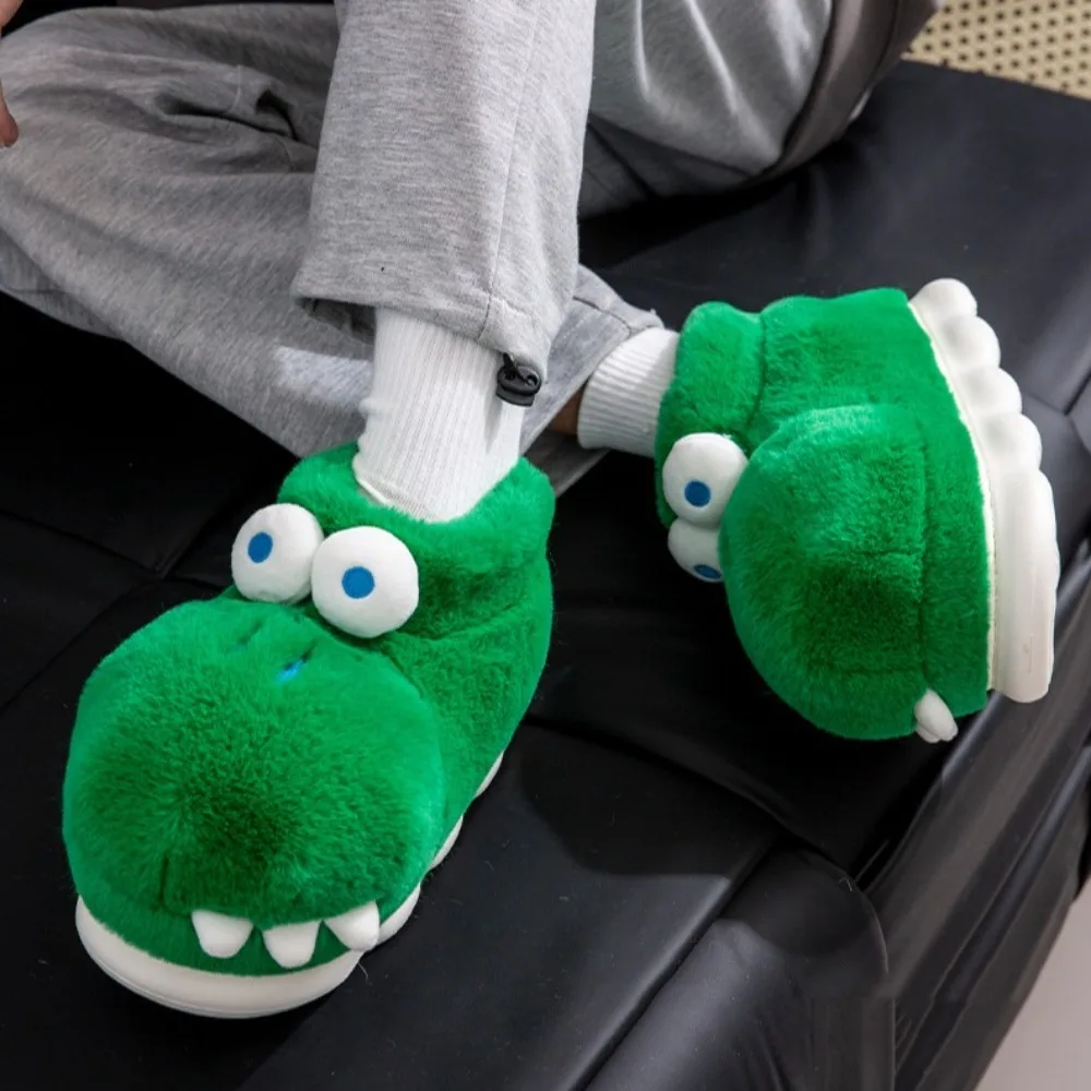 Fashion Crocodile Dinosaur Plush Slippers Cartoon Green Platform Flat Slippers Winter Anti Slip Thicken Warm Slippers Couple