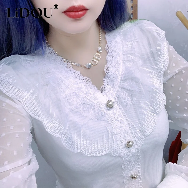 2023 New Spring Summer Tops Women Long Sleeve V Neck Single-breasted Slim Lace Ruffles Solid Color Korean Style Office Blouse