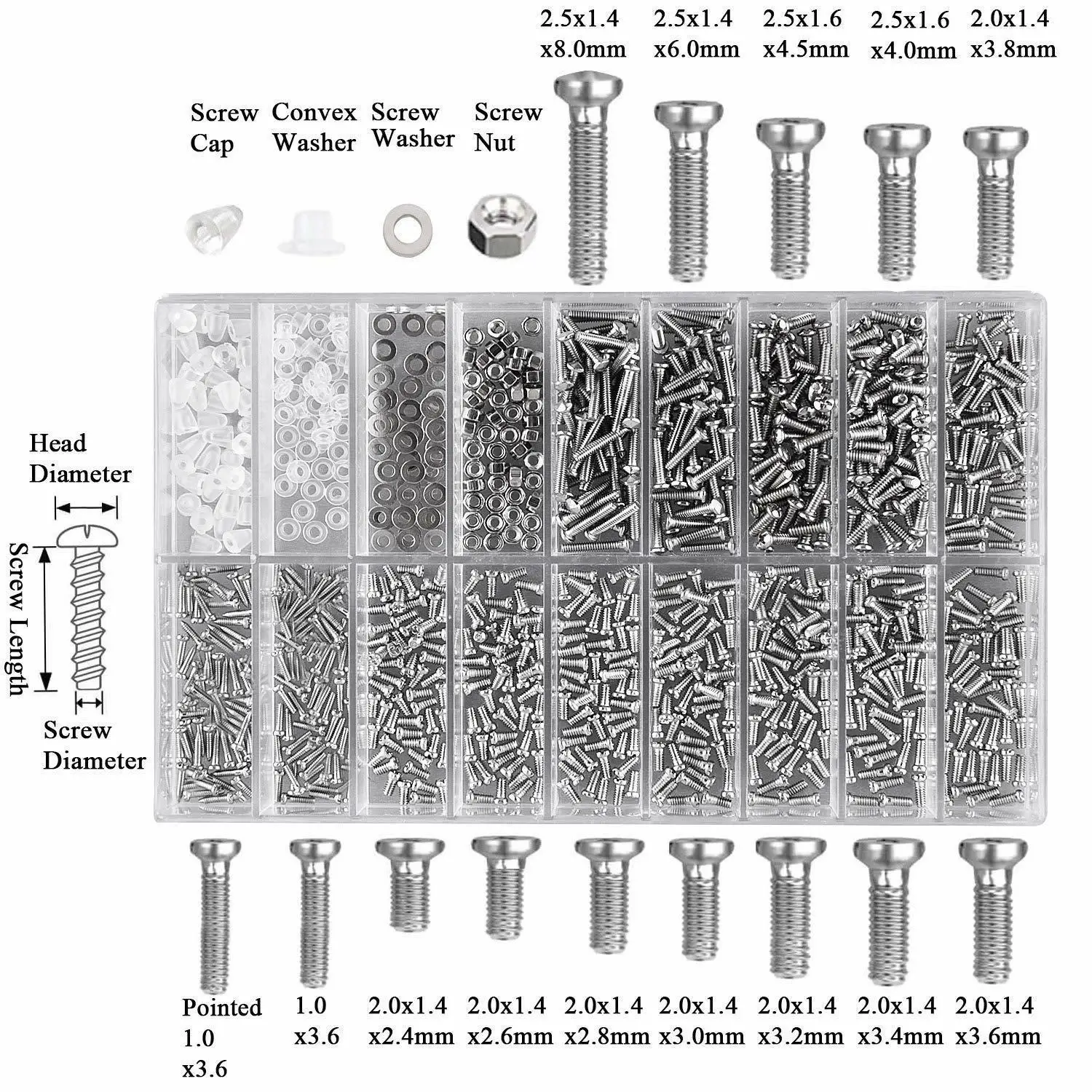 Bộ 1000 Dây Thép Không Gỉ Ốc Vít Nhỏ Hạt Assortment Bộ Dụng Cụ Sửa Chữa Bộ Micro Ốc Vít Cho Điện Thoại Mắt Kính Đồng Hồ Kính Đồng Hồ