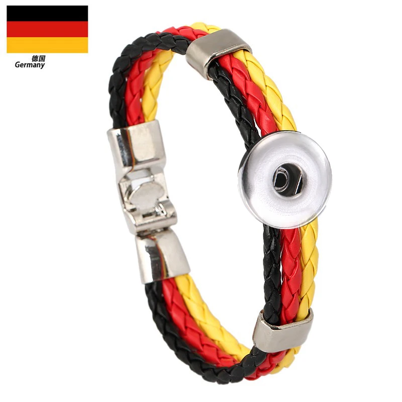 Twist Weave National Flag Colorful Pu Leather Fit 18mm Snap Buttons Bangle Bracelet Charm Jewelry For Women Men Gift 22cm SE0300