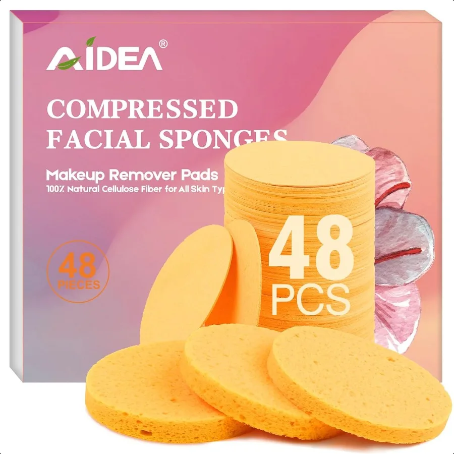 48Count Compred Facial SpongesRound Reusable Makeup Remover Pads Facial Pads Natural Cosmetic Spa Sponges for Facial Cleansing