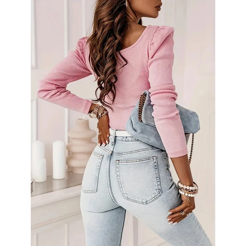 تي شيرت جديد لعام 2025 للنساء محبوك بأكمام طويلة بلوفرات وردية وياقة مربعة قمصان وبلوزات شتوية YBear House 002