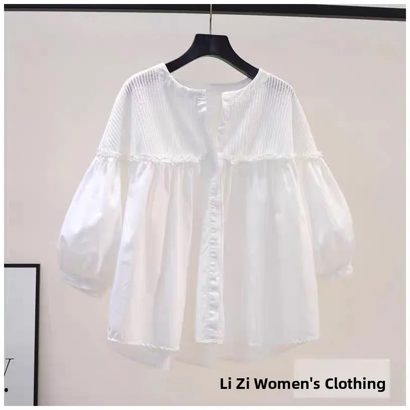 Été nouveau Sle femmes ample banlieue coton tricoté Patchwork sept-cinq Sve irt Version coréenne Unique Ele haut