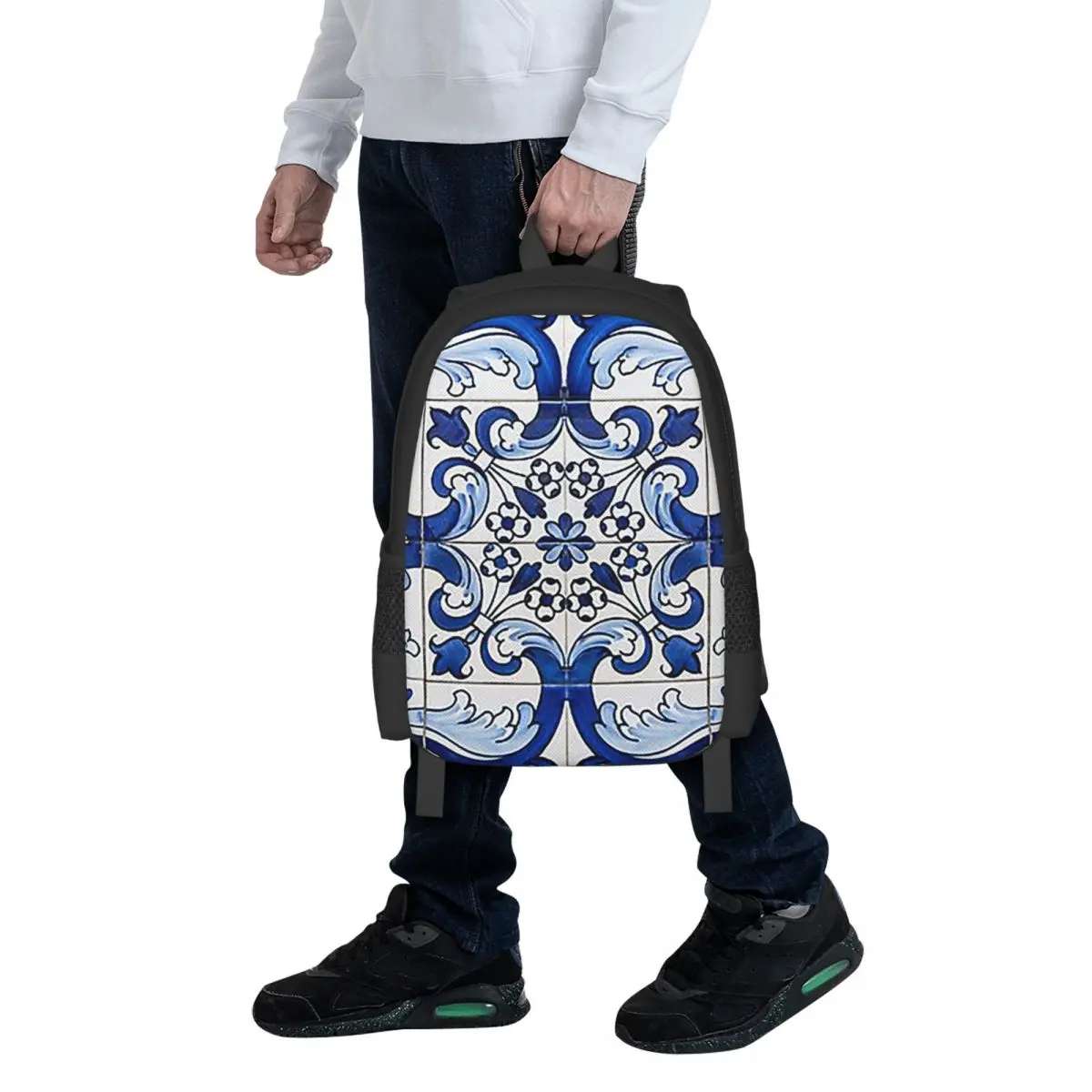 Antique Classic Lisbon Blue Azulejo Tile Floral Student Backpack School Bag Hiking Travel Daypack for Bookbag Shoulder Bags