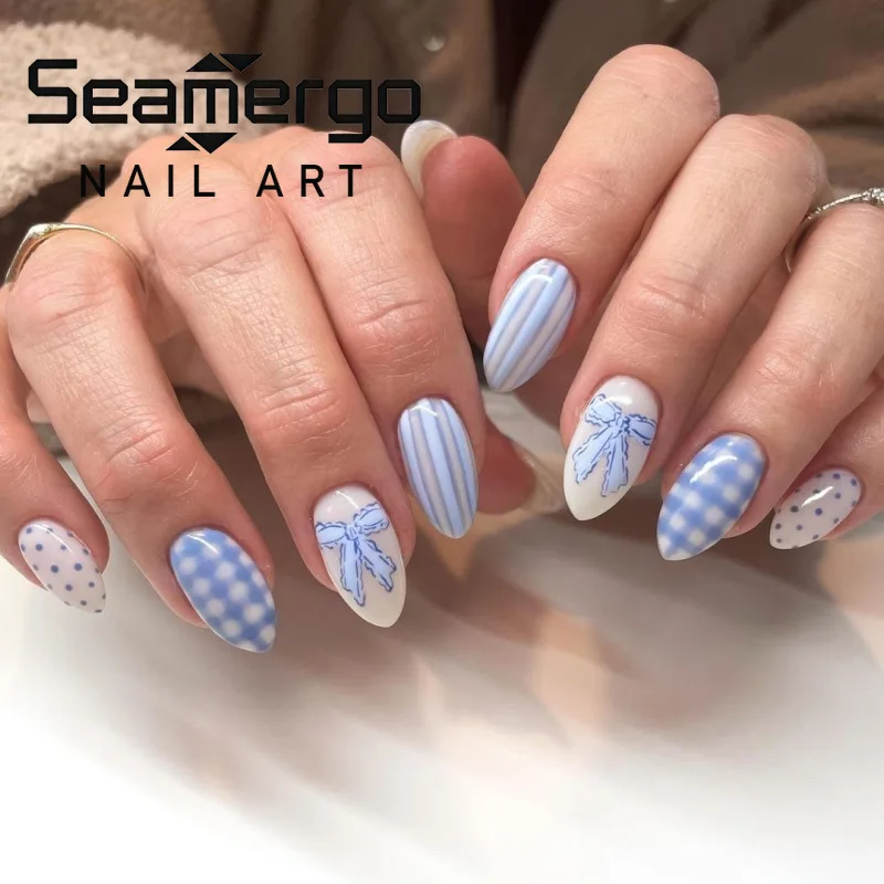 Coquette Aesthetic Light Blue Bow Press On Nails, Short Almond Mixed Pattern, Sweet Preppy Reusable Fake Nails