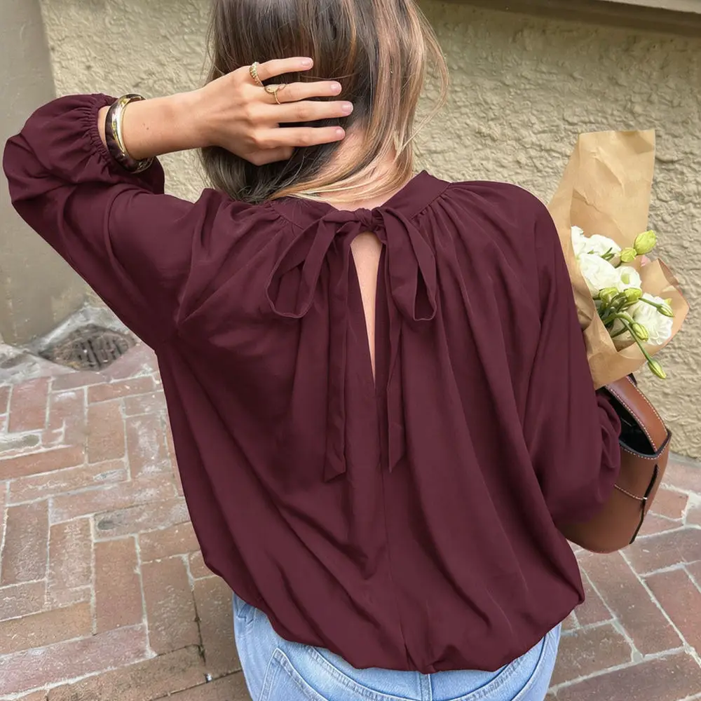 Elegant Autumn Women Shirt Mock Neck Tie Up Blouse Solid Color Peplum Hem Long Sleeve Casual Office Slim Ladies Top