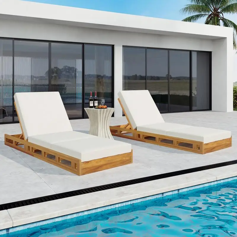 Acacia Wood Lounge Chaise Set with Cream Cushion, Triple Fold - Matching Dark Grey Option Available