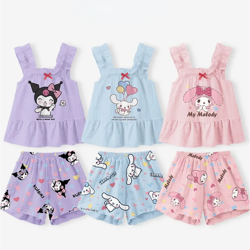 2024 New Sanrio My Melody Cinnamoroll Kuromi Girl Vest Sling Shorts Pajamas Suit Summer Loose Leisure Comfortable Loungewear Set