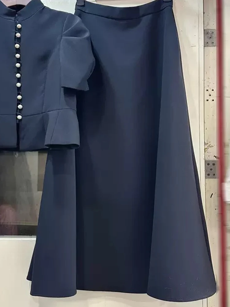 Elegant bubble short-sleeved single-breasted jacket spring and summer women's new high-waisted skirt fashion two-piece suit