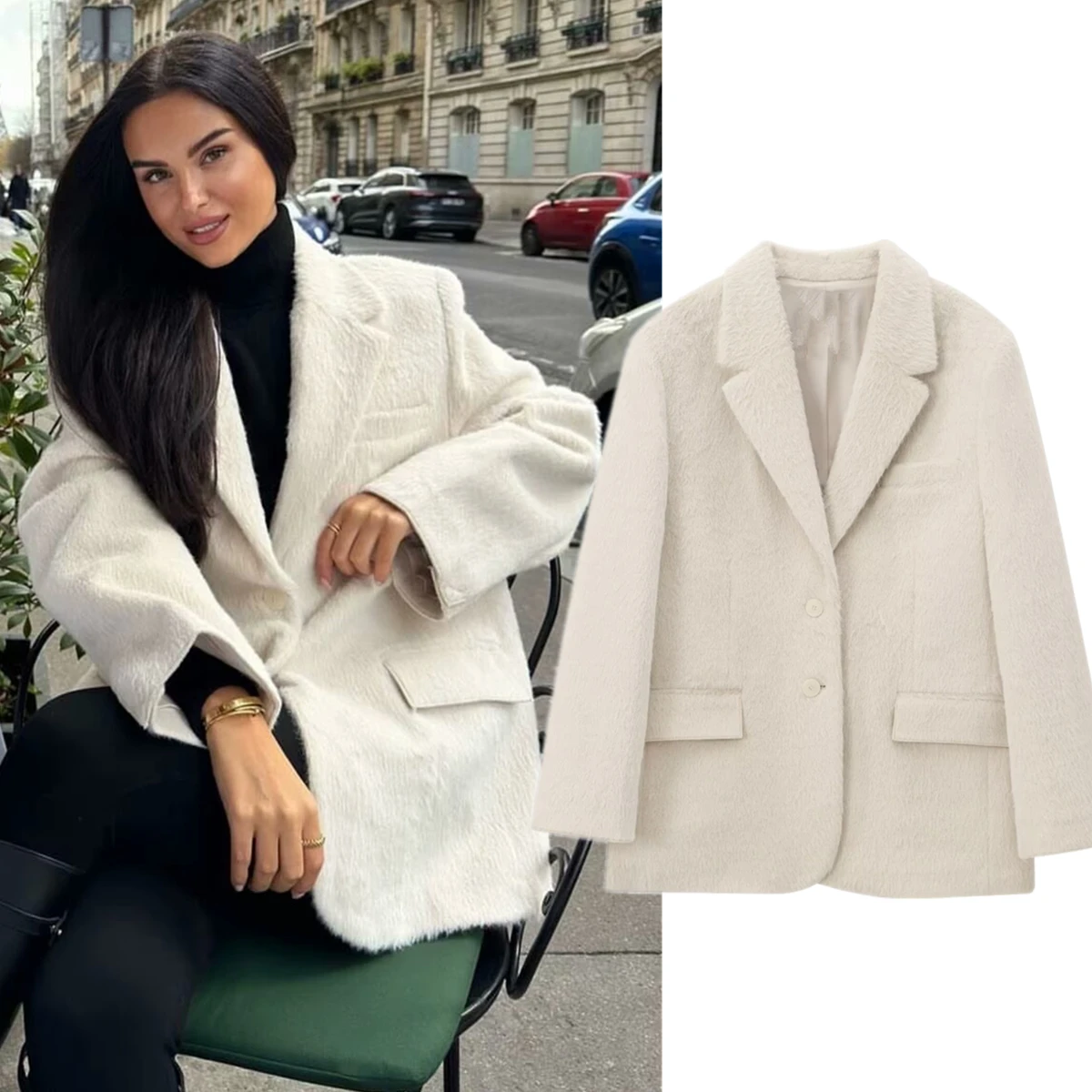 

Withered Nordic Minimalist Beige Suit Jacket Fashionable Elegant Retro Faux Fur Jacket Blazers Winter Coat Women