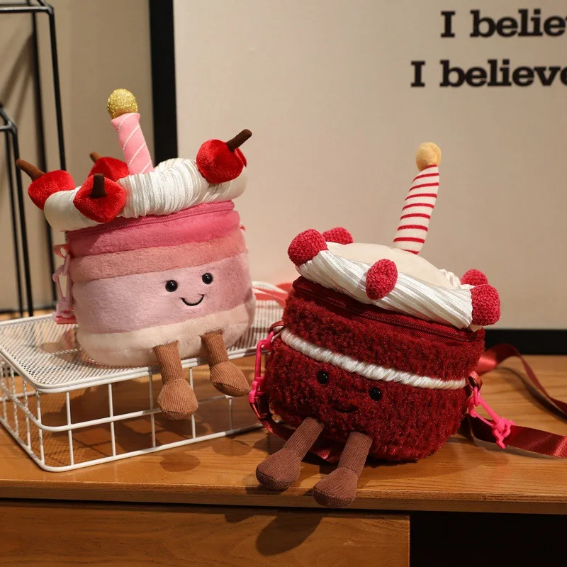 Cherry Cake Plush Shoulder Bag Soothing Doll Birthday Gift Crossbody Bag Cute Color Blocked Mini Wallet Lightweight Purse