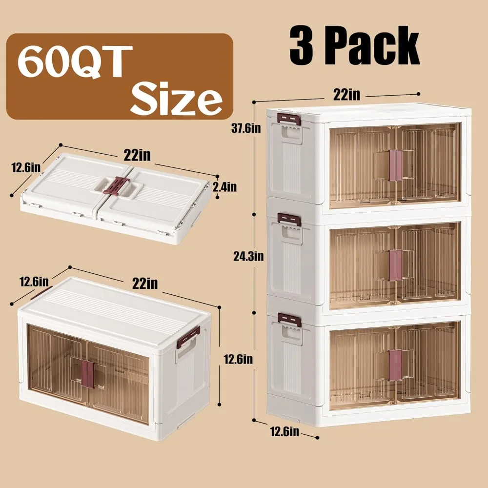 صناديق تخزين بلاستيكية كبيرة قابلة للتكديس مكونة من 3 طبقات مع أغطية وعجلات وأبواب، مثالية لتخزين الملابس