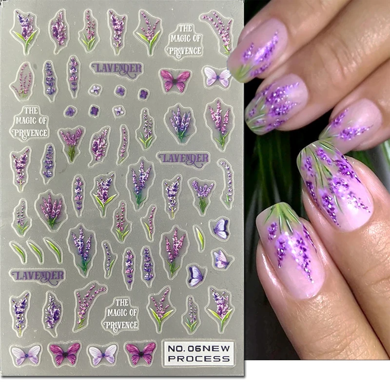 3d Nail Art adesivi ultrasottili Purple Butterflys Bunch Lavenders fiori adesivi Slider decalcomanie decorazione per unghie Manicure Beauty