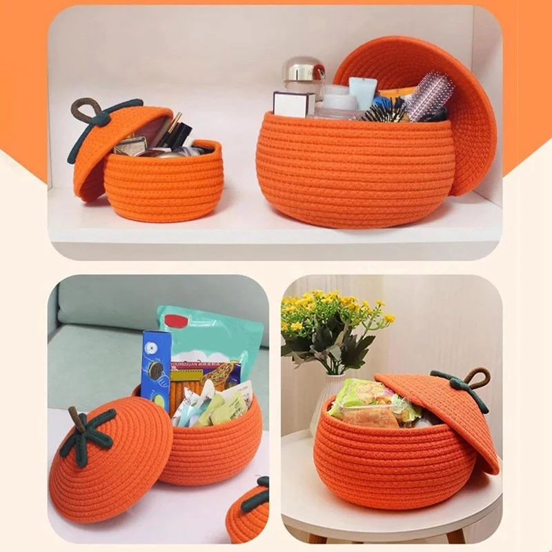 New Halloween Dustproof Pumpkin Woven Basket With Lid Desktop Storage Basket Cosmetics Sundries Snack Storage Basket