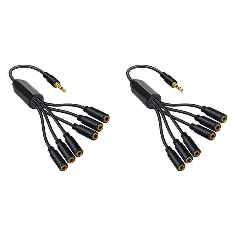 A32T-2Pcs 3.5Mm TRS Male To 6-Port 3.5 Female Jack Headphone Splitter Cable Stereo AUX Audio Adapter For PC TV MP3 Speaker
