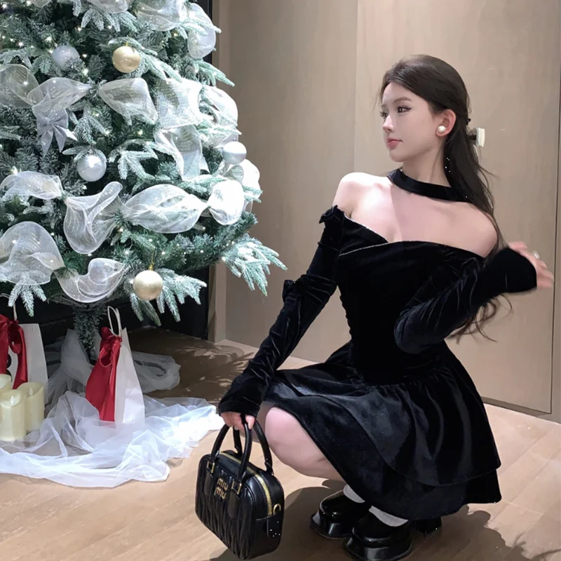 Slash neck veludo preto vestido preppy manga longa princesa magro em camadas vestido sexy sem alças aniversário festa de natal vestidos