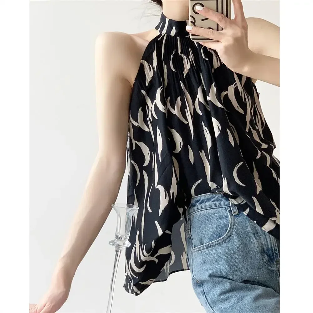 Vintage Summer Sleeveless Sexy Shirt Women Printed Crop Tops Elegant Korean Fashion Hanging Neck Top Blouse Women Clothing