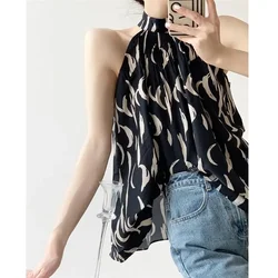 Vintage Sommer ärmellose sexy Hemd Frauen gedruckt Crop Tops elegante koreanische Mode hängenden Hals Top Bluse Frauen Kleidung