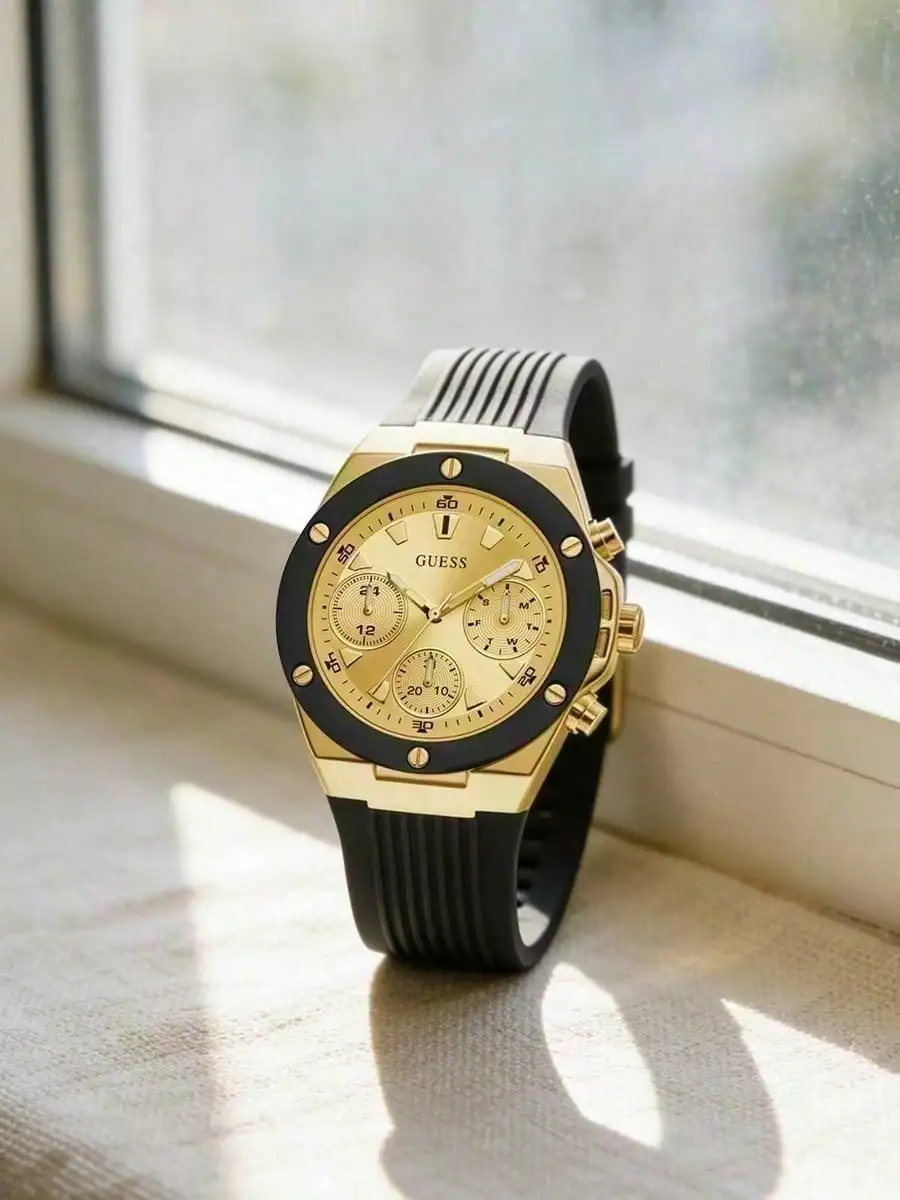 GUESS GW0030L2 Women Quartz Chronograph Watch 36mm Gold Steel Case Black Silicone Strap 30M Waterproof Luxury Sport Holiday Gift