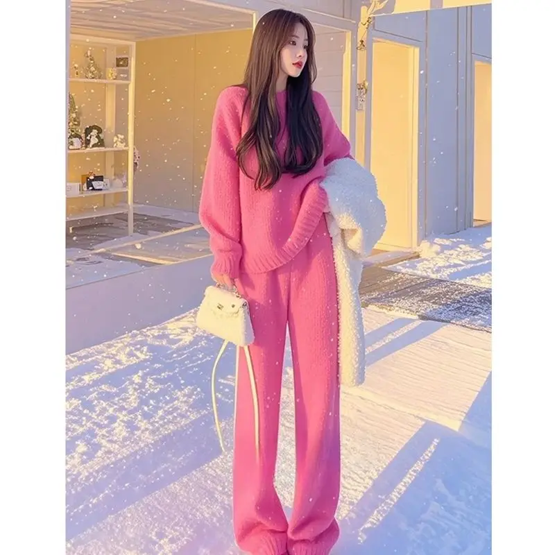 Conjunto de dos piezas de ropa elegante para mujer, suéter de punto de estilo perezoso con temperamento a la moda de otoño e invierno + pantalones de pierna ancha de cintura alta