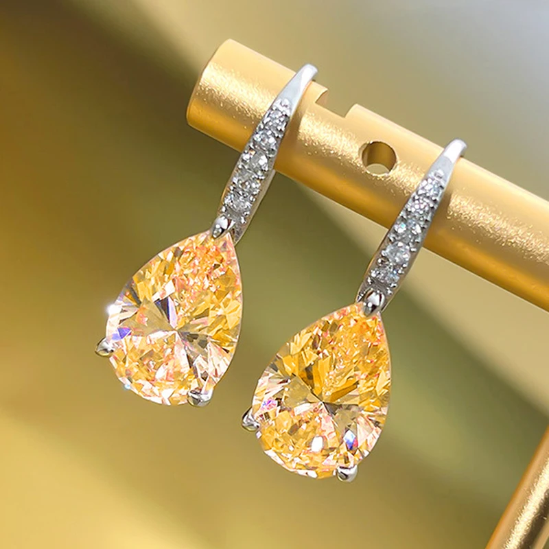 Huitan Waterdrop Cubic Zirconia Earrings for Women Luxury Pink/Yellow CZ Dangle Earrings Temperament Female Wedding Jewelry Gift