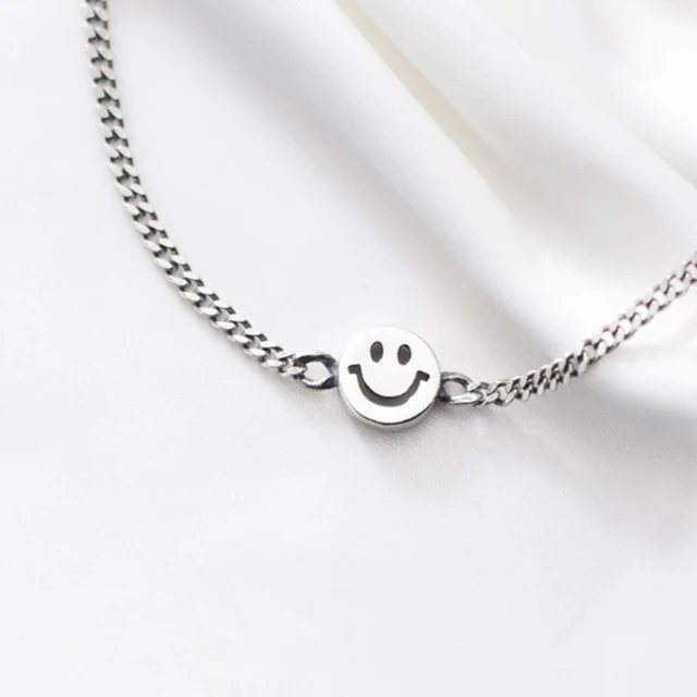 

Solid 925 Sterling Silver Smiling Face round Bead Chain Bracelet with Pearl Pendants & Charms