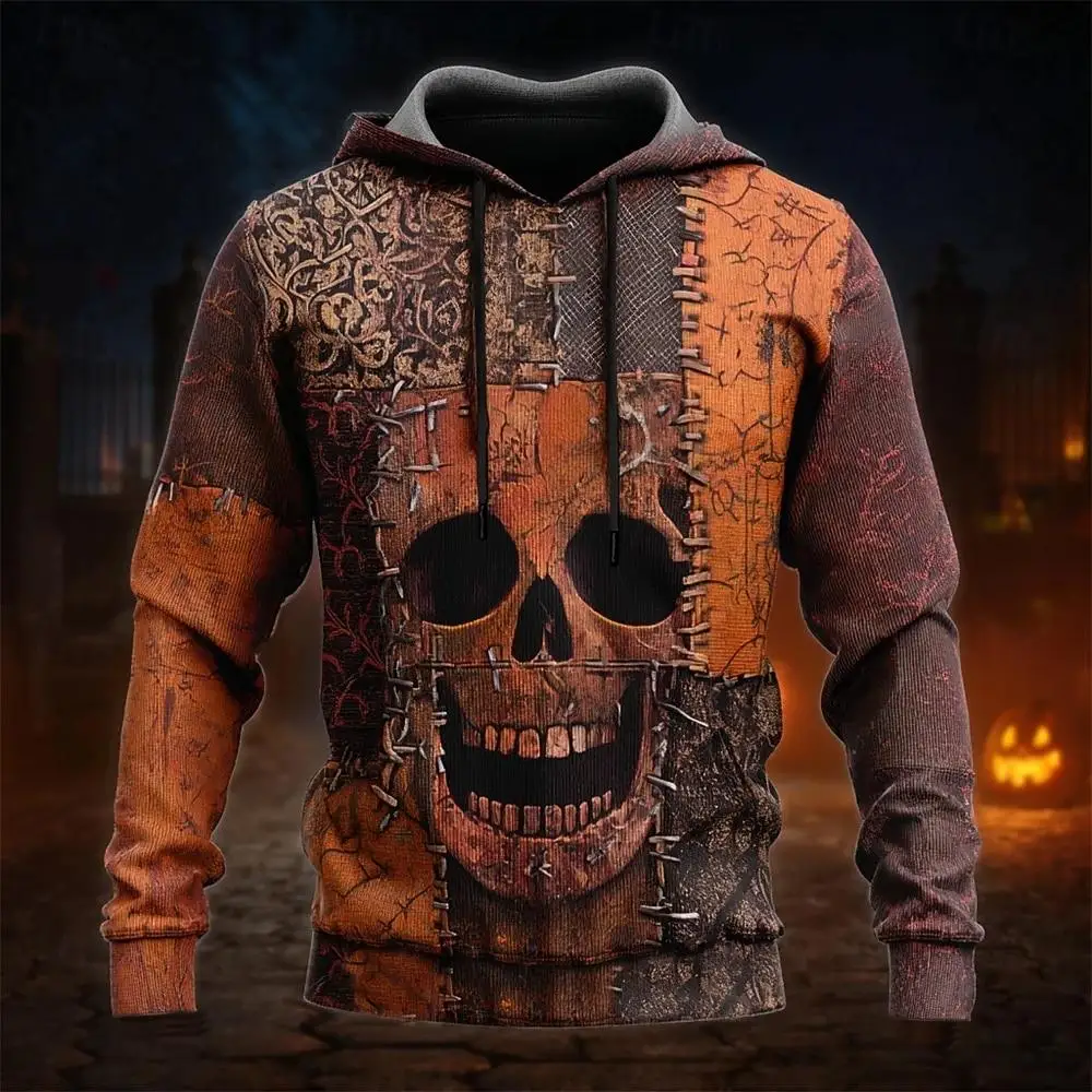 Men Scary Halloween 3D Print Hoodie Flame Pumpkin Stitch Skull Creepy Doll Gothic Streetwear Pullover