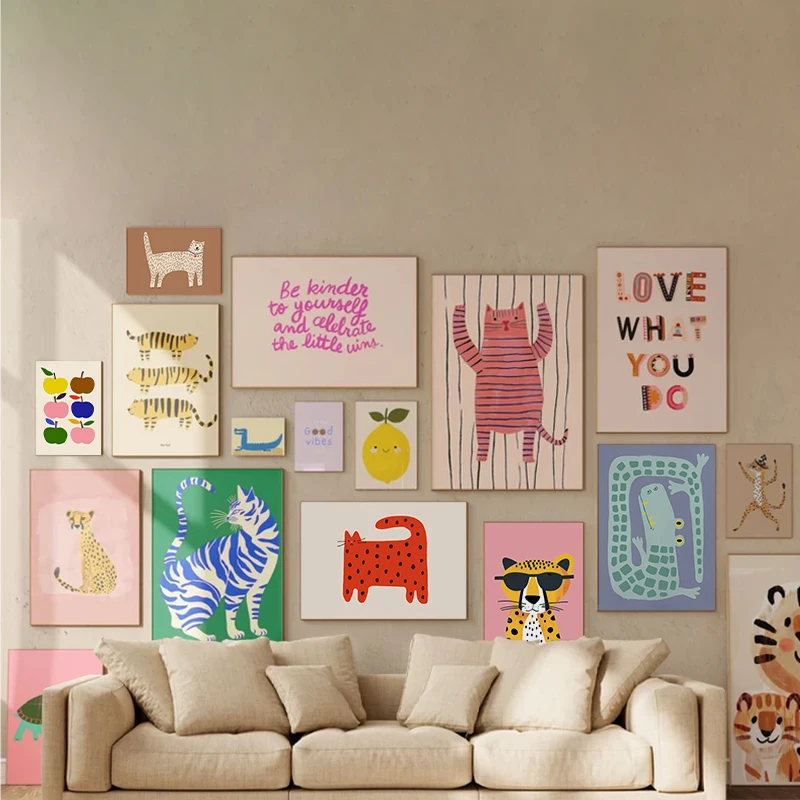 Póster de animales coloridos de dibujos animados para habitación de niños, decoración de guardería, lienzo, arte de pared para el hogar