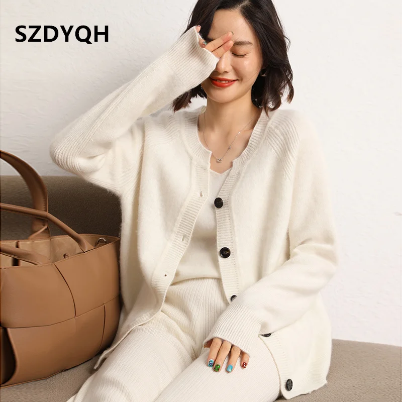 2023 Hot Sales Autumn Women\'s Cardigan 100% Cashmere Knitted Sweater  Tops Coat Casual O-Neck Loose Large Size Shirt Spring