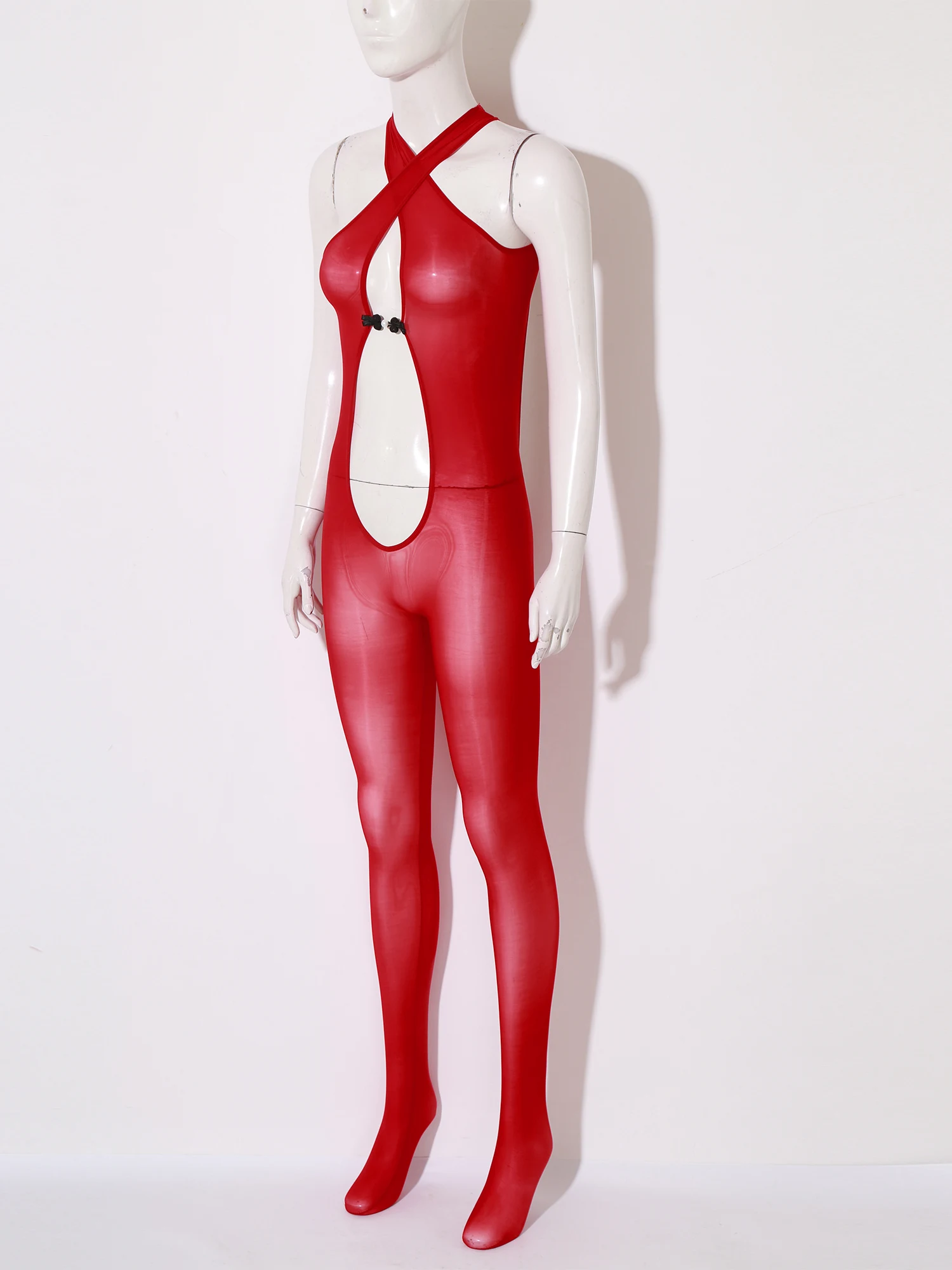 Женские глянцевые прозрачные ажурные чулки для тела с глубоким V-образным вырезом и перекрестными бретелями, боди для всего тела, костюм зентай