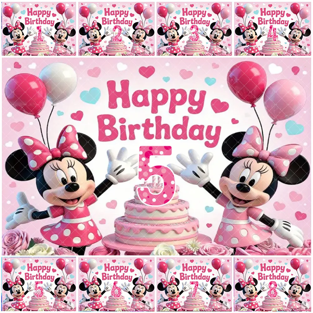 

Disney Cartoon Minnie Mouse Backdrop Customizable Number Girl Birthday Party Decorations Vinyl Photography Background Baby Gifts