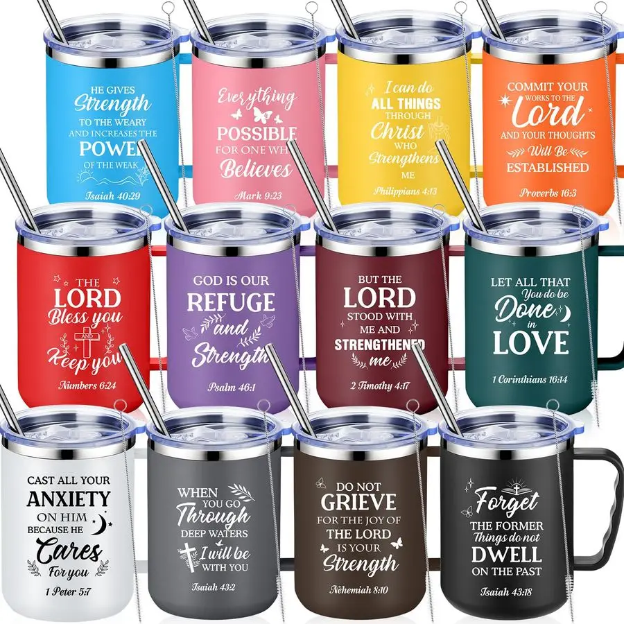 

12 Pcs 17 oz Christian Coffee Mugs with Lid and Straw Religious Bible Verse Christian Gifts Insulated Inspirational Bible Affirm