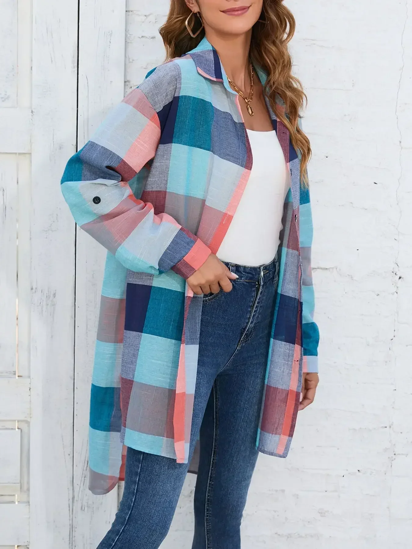 

Plus Size 1XL-5XL Women Casual Blouse Button Up Roll Up Lapel Collar Longline Shirt Top Plaid Print Long Sleeve Shirt