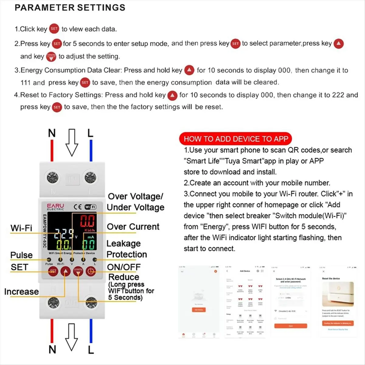 

ABYO 2P 63A TUYA APP WiFi Smart Circuit Защита от утечки на землю при пониженном напряжении Реле Устройство Выключатель