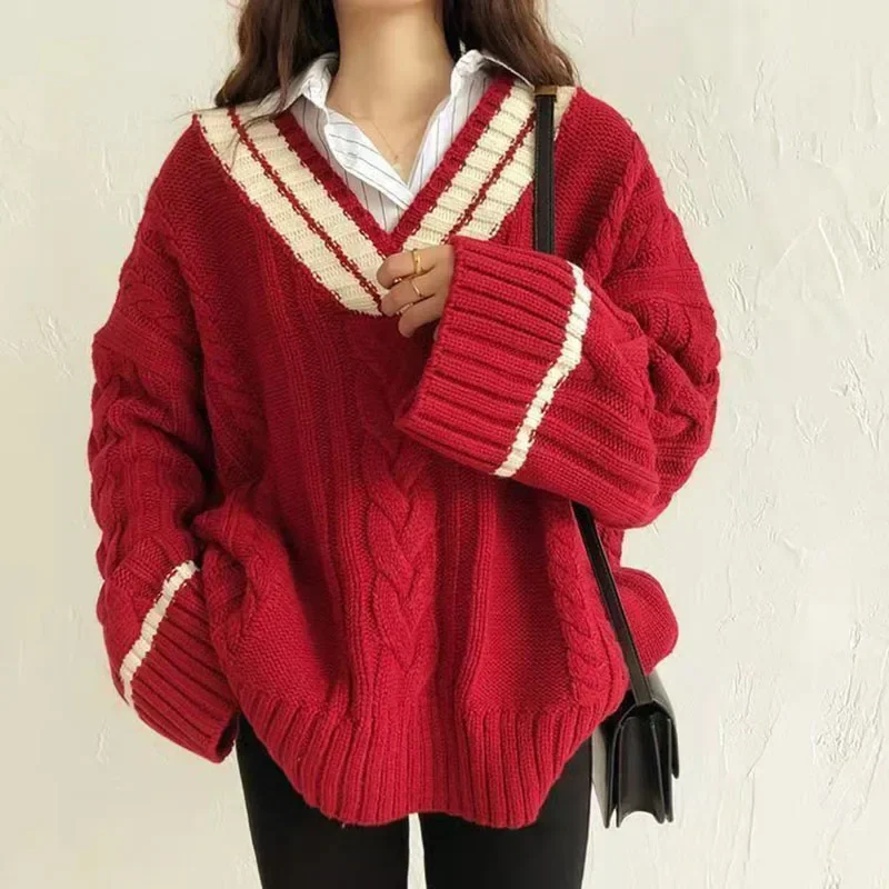 HELIAR Oversize Sweet Women Sweaters Long Sleeve V Neck Vintage Lazy Wind Knitted Pullovers Korean Patchwork Casual Loose Jumper