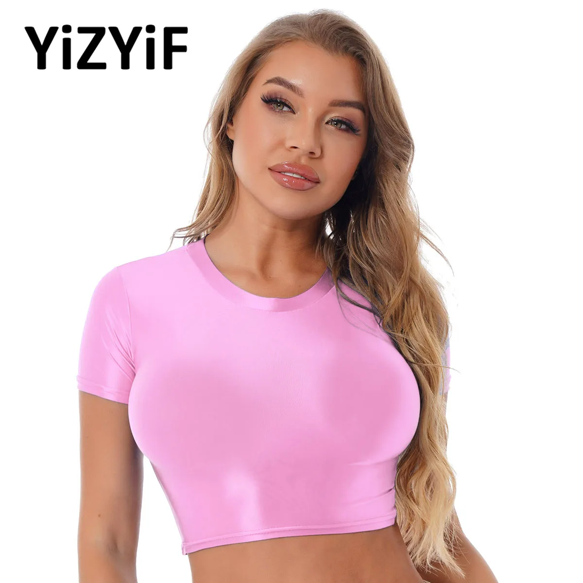 

Womens Smooth Glossy Short Sleeve Crop Top Solid Gym Fitness Slim Fit Vest Tanks T-shirt Tops Rave Party Clubwear Swimwear