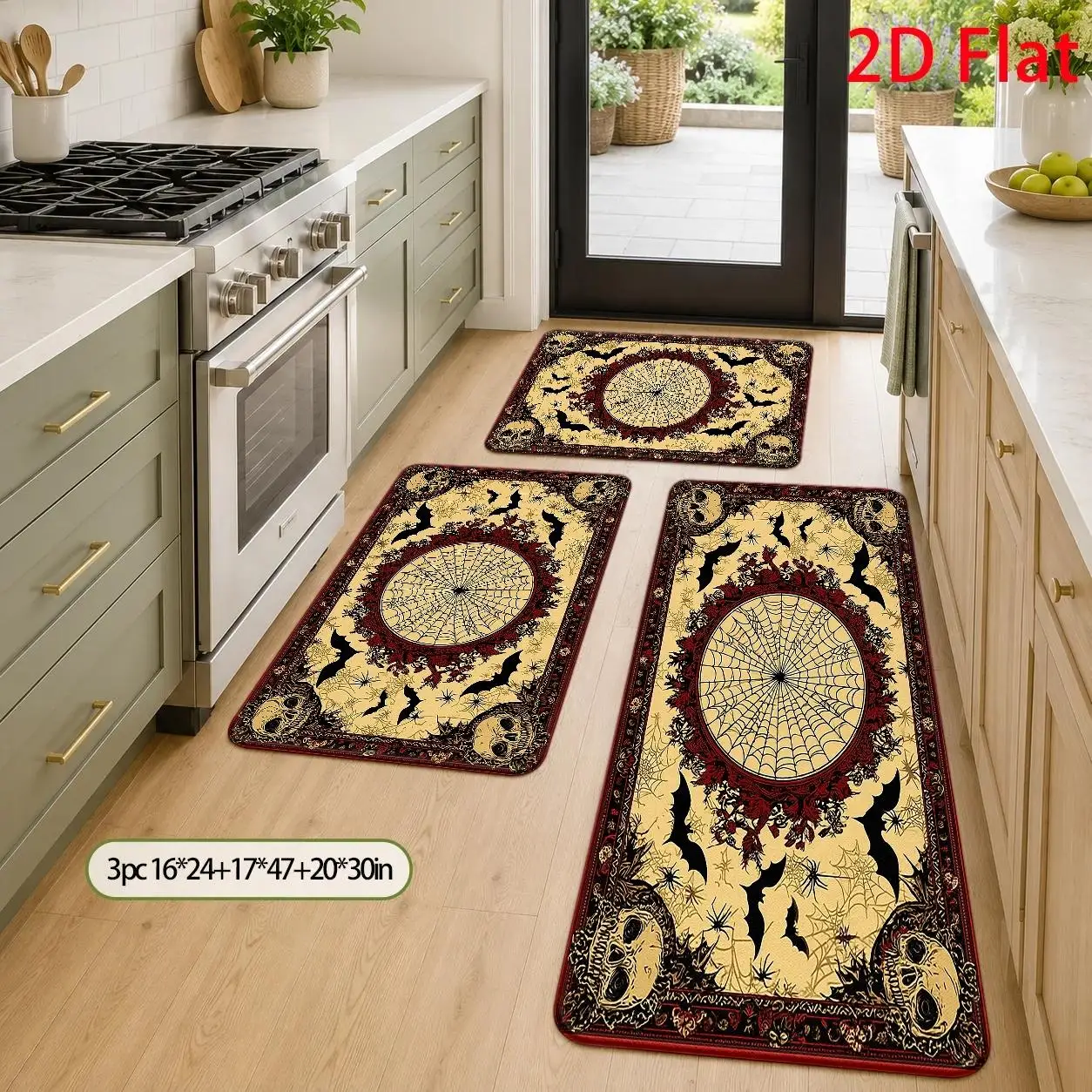 1pc, 2pcs, 3pcs, 2D Flat Kitchen Floor Mat Set, Spooky Skulls And Bats Halloween Floor Mat, Gothic Spiderweb Center Design, Dark Fantasy Style Rug, Festive Seasonal Decoration, Easy-to-Clean Kitchen Floor Mat, Suitable, 2D Flat