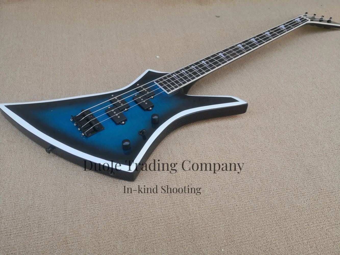 4 strings blue bass guitar, solid wood body flamed maple top, fixed bridge, 4 pickups, active, customizable