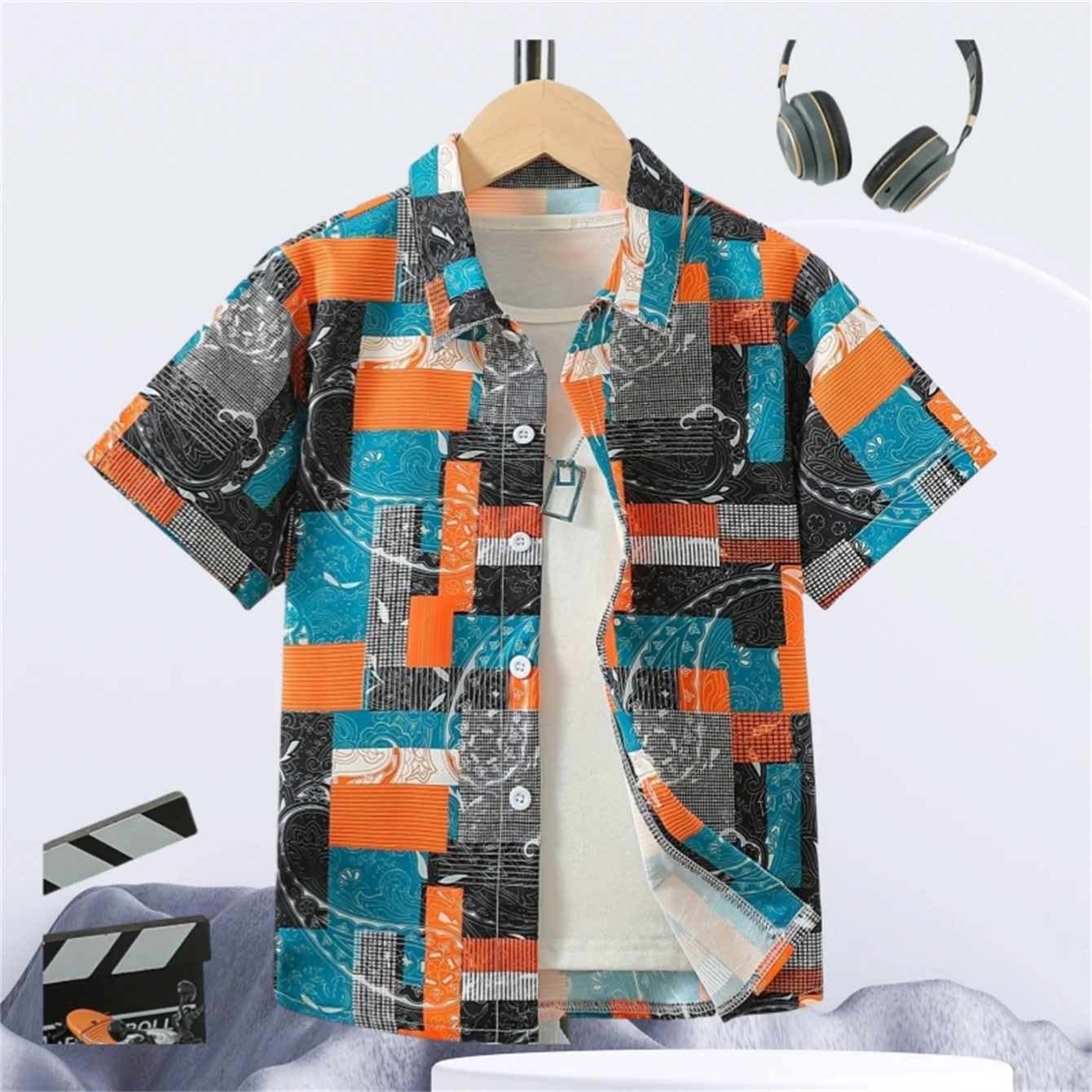 

Boys Trendy Colorblock Plaid Fashion Pattern Creative Shirt New in Tee Casual Short Sleeve Lapel Shirt Tops Boy Summer Outerwear