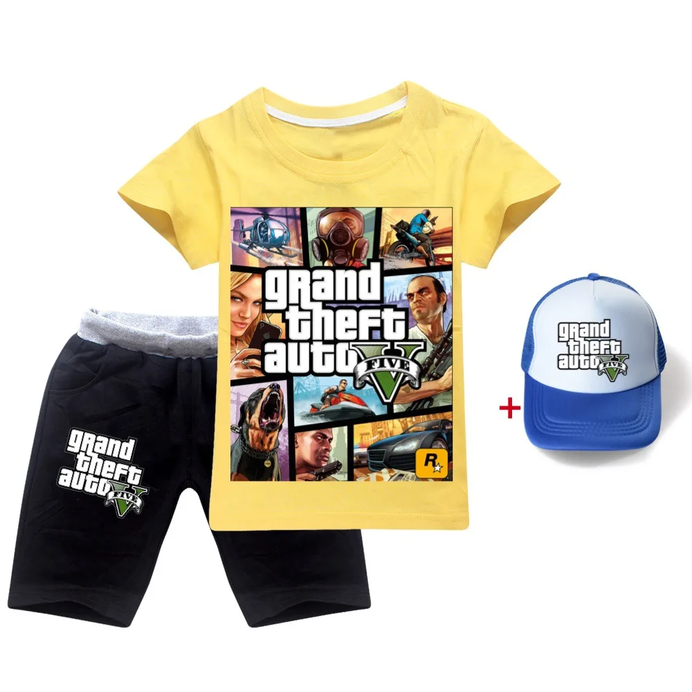 Game Grand Theft Auto GTA 5 TShirt Kids 2024 Summer Clothes Girls Short Sleeve Tops Shorts Sunhat 3pcs Sets Boys Leisure Outfits