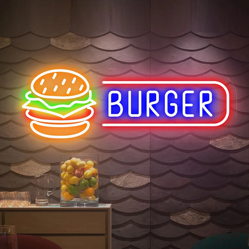 Imagem -03 - Burger Neon Sign Burger Sinais Led Abertos Hamburger Wall Art Burger Shop Signage Cozinha e Restaurante Decoração Presentes Personalizados Neon