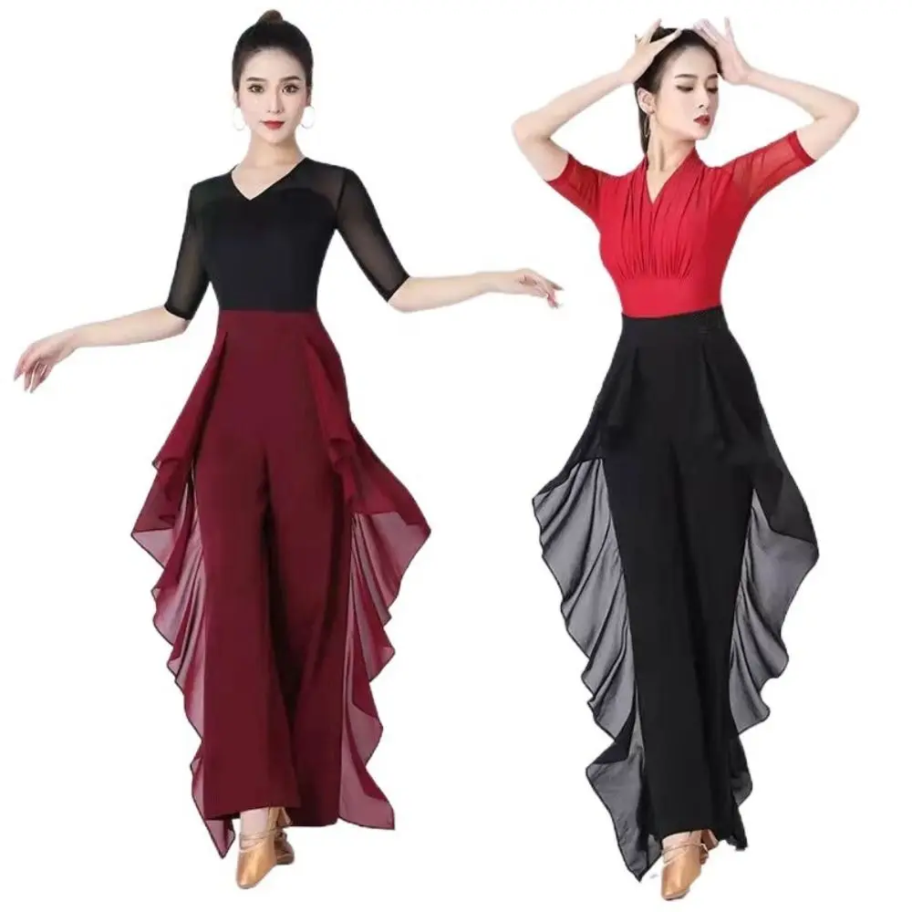 

Elastic Waist Dance Pants High Waist Chiffon Material Square Dance Pants Pure Color Ruffles Design Latin Dance Pants