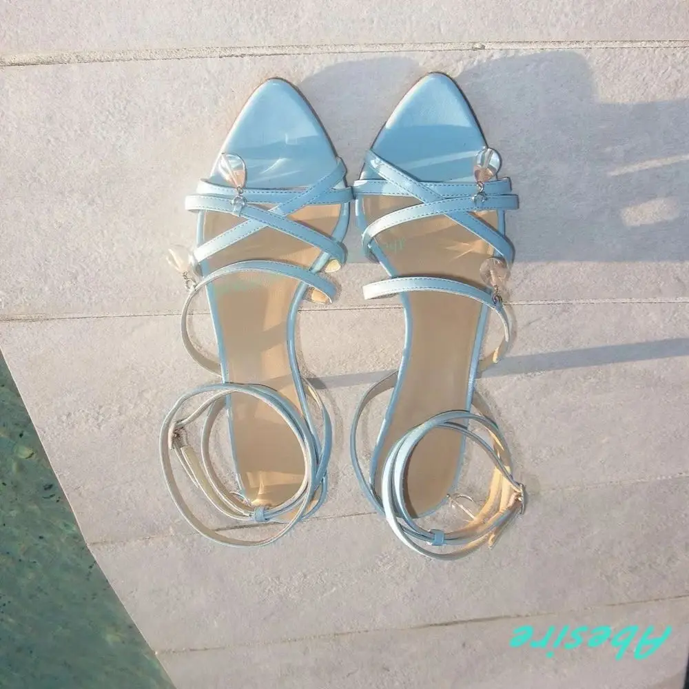 Transparent Water Droplet Pendant Sandals Peep Toe Thin Heels Cross-Tied Shoes for Women Casual Vacation Style Summer Shoes
