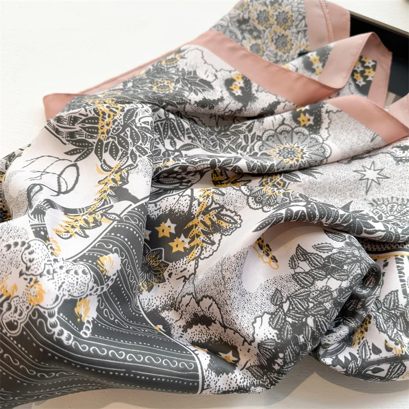 New 90cm Printed Large Square Scarf Women Spring and Autumn Scarves Sunflower Twill Silk Headscarf Shawl Female HIjab Luxury